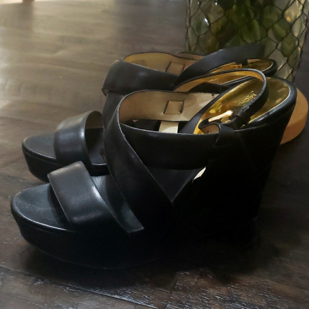 Michael Kors Black Leather Weave Platform Sandals